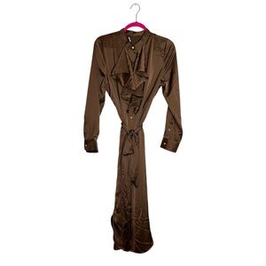 Olsen Brown Long Sleeve Ruffle Front Midi Shirt Dress Tie Waist See Measurements